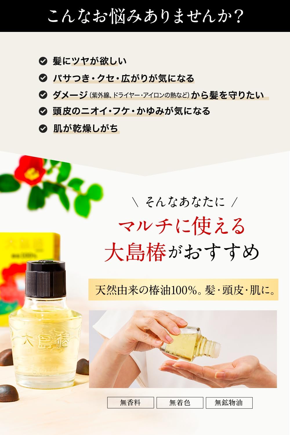 Detalle de 大島椿 60mL 椿油100%ヘアオイル 無香料・無着色、髪・頭皮・肌に使える
