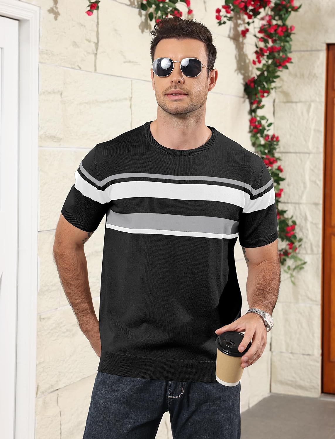 Detalle de Aulemen Herren Strick Kurzarm T‑Shirt mit Streifen – Regular Fit, knitterarm und pflegeleicht
