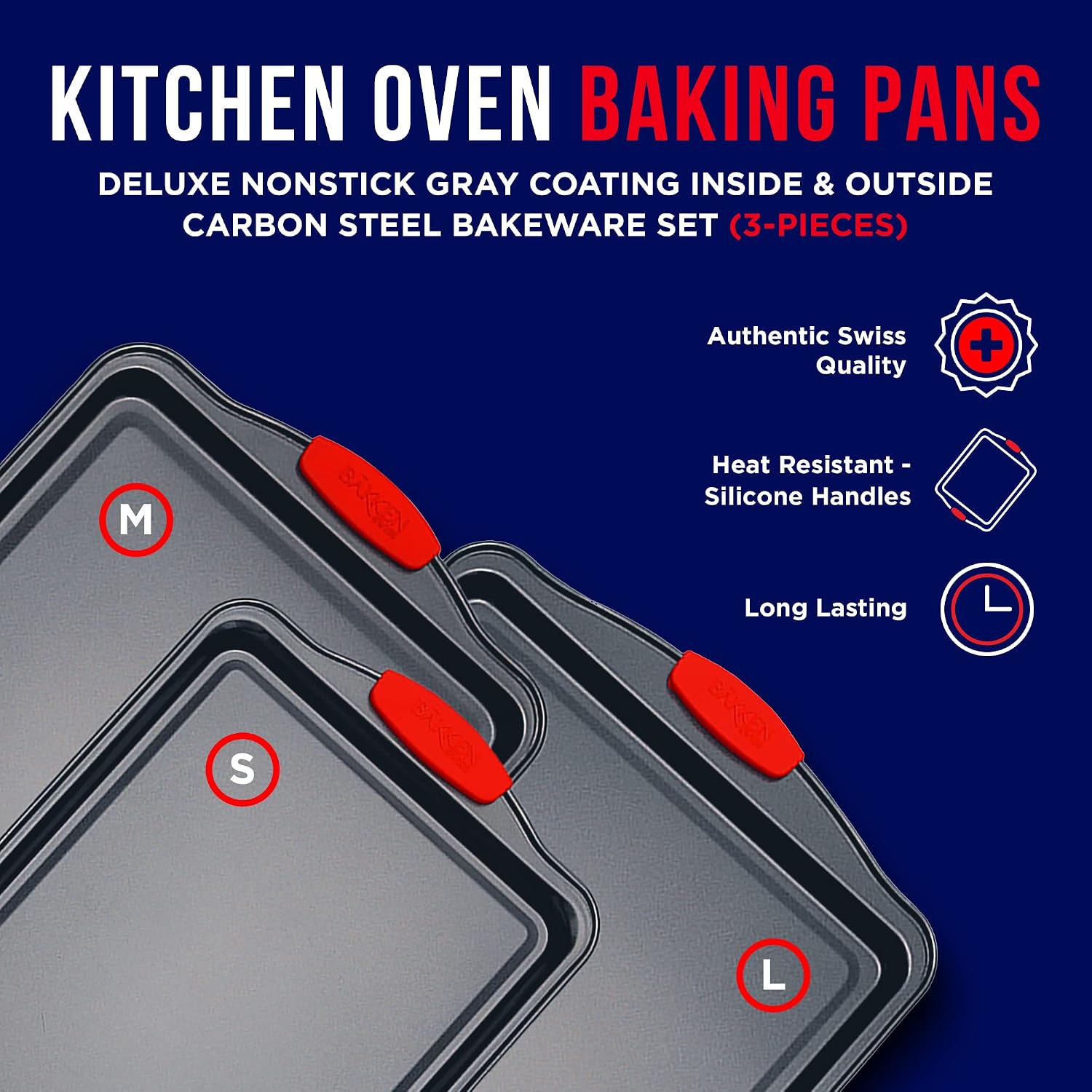 Detalle de Bakken 3-Piece Cookie Sheet Set, Non-Stick Carbon Steel with Silicone Handles