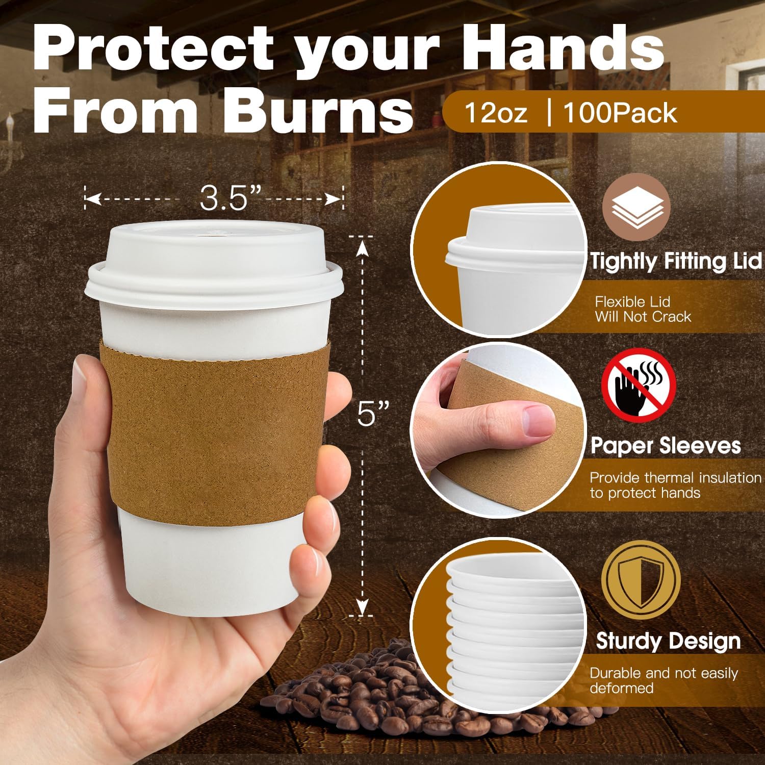Detalle de GINKGO 12 oz Leak-Proof Coffee Cups Pack 100