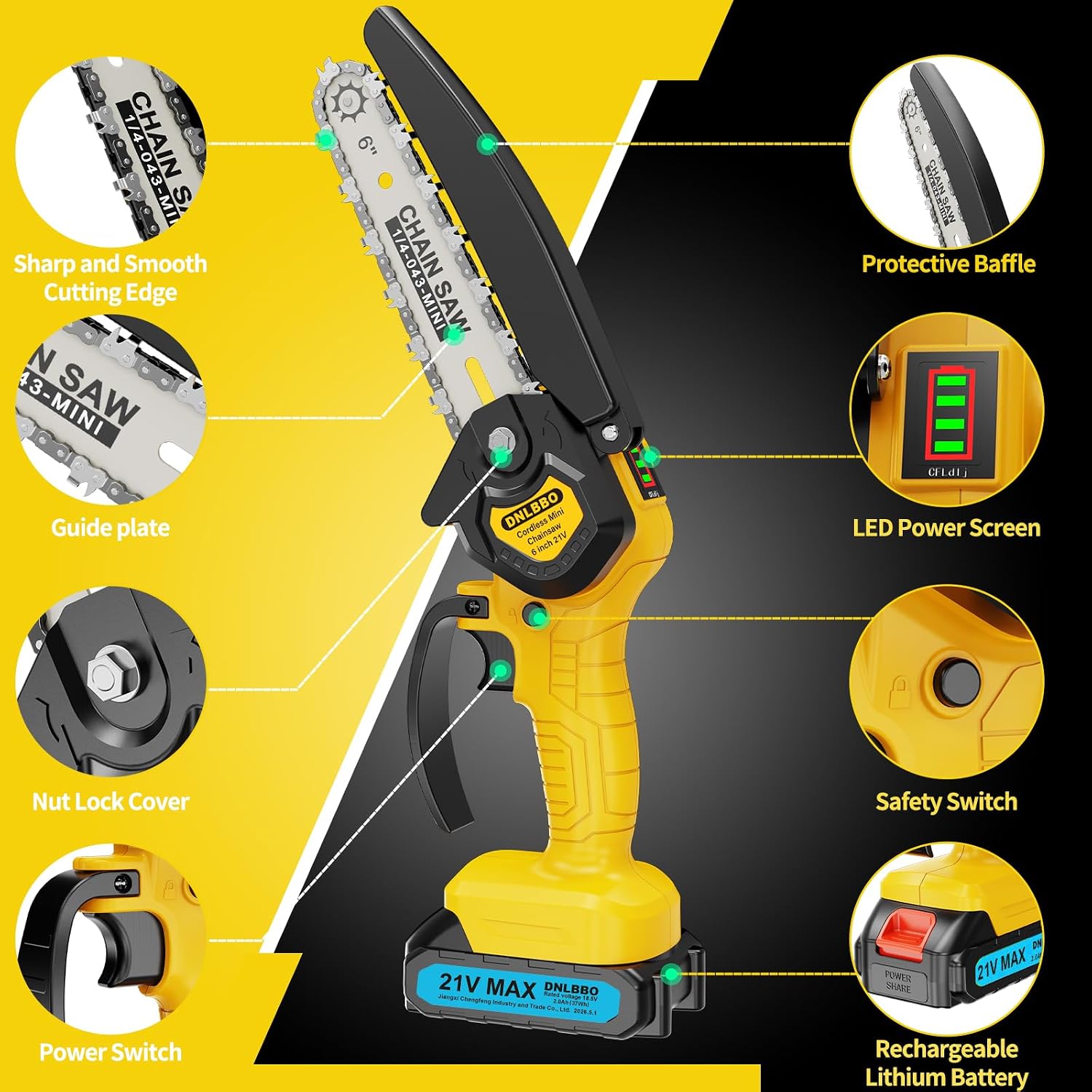 Detalle de DNLBBO DNLBBO-03 6-Inch Battery Mini Chainsaw with Power Display, 2 Batteries