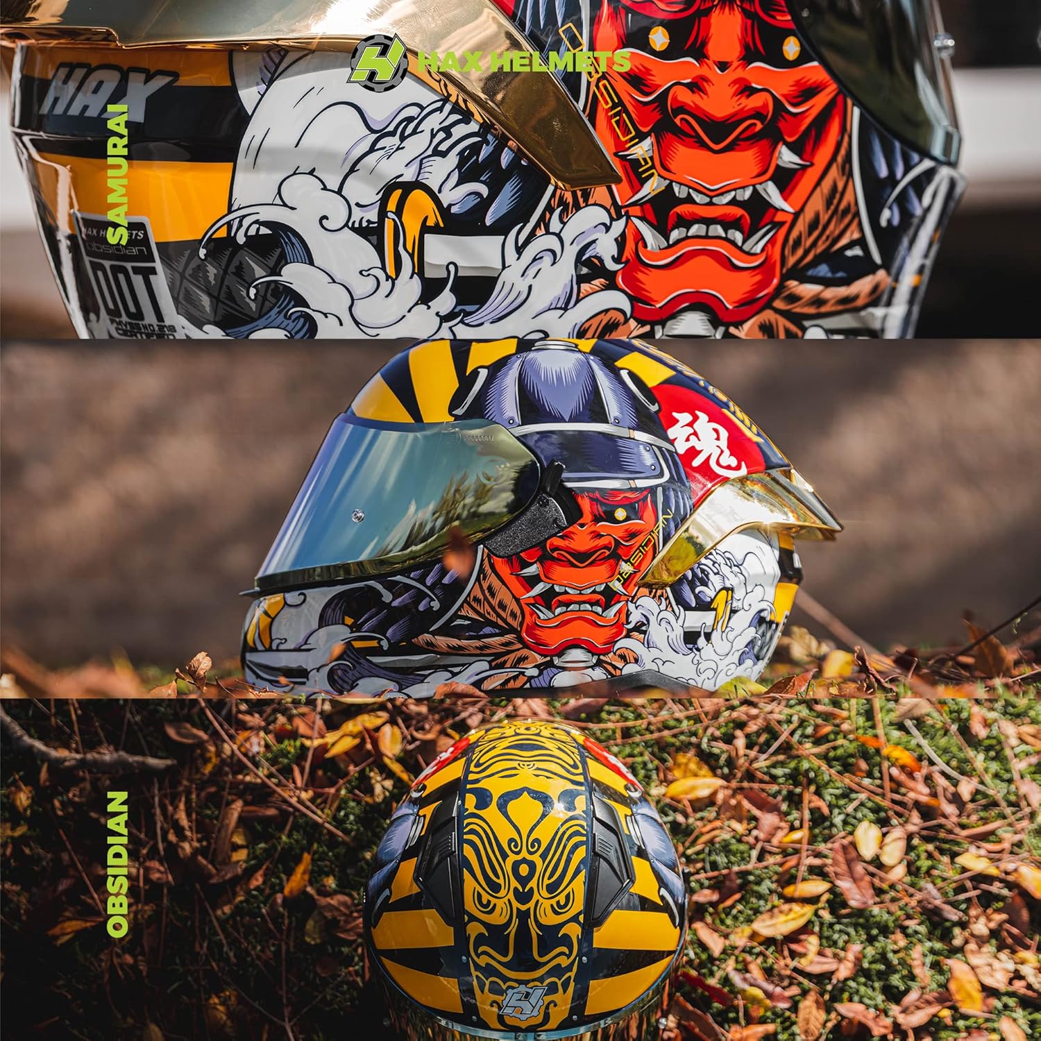 Thumbnail 3 de HAX Obsidian Full Face Dual Visor Motorcycle Helmet – DOT Approved, Pinlock Ready, Samurai Gold M