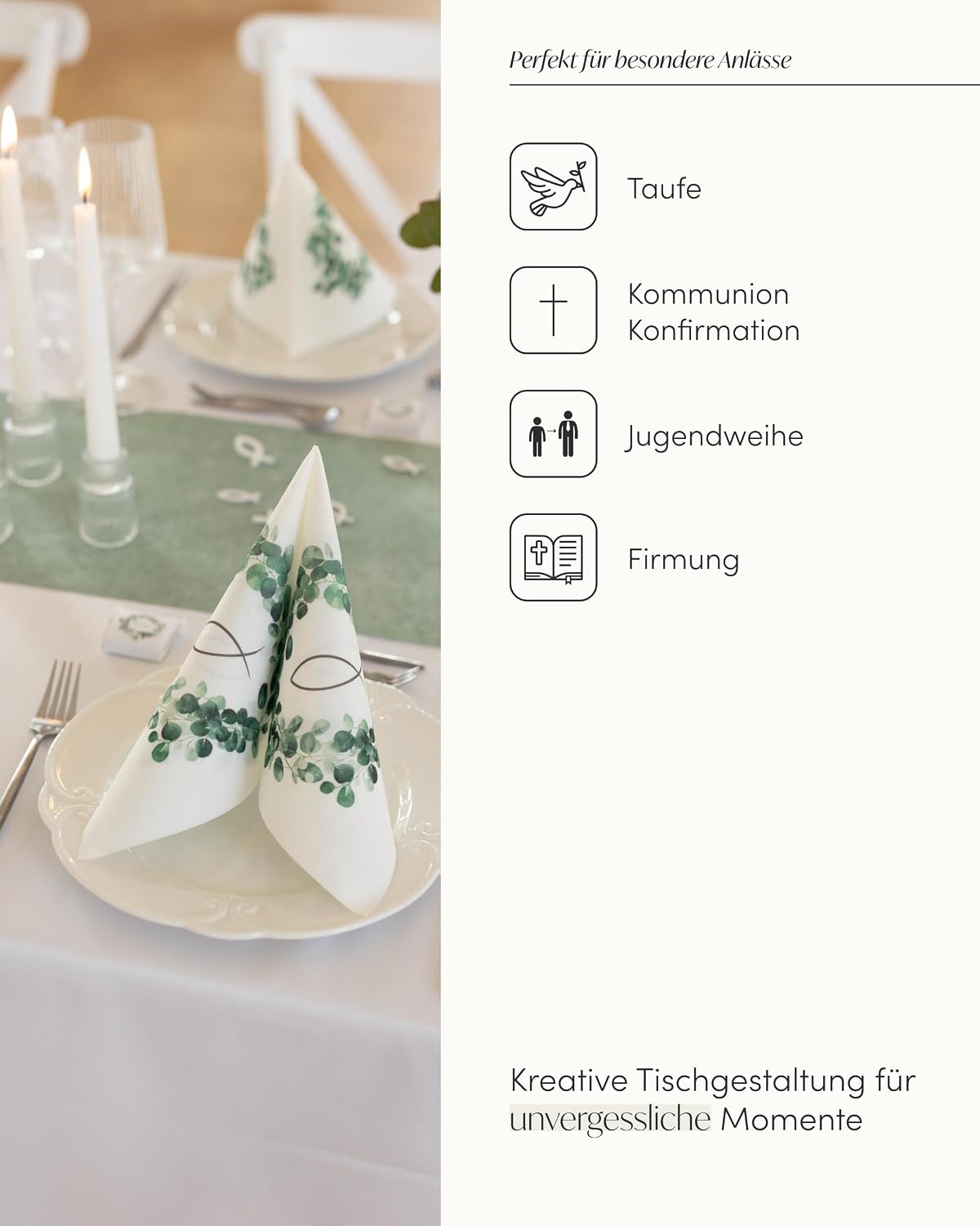 Thumbnail 1 de 100%Mosel Tischdeko-Set „Eukalyptuskranz & Fisch“ für Kommunion & Konfirmation (25–50 Gäste) inklusive Tischläufer, Airlaid-Servietten, Streudeko und Satinband