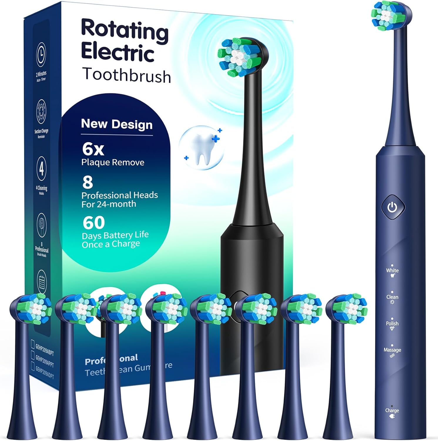 Thumbnail 6 de Rotating Electric Toothbrush for Adults (Black) – 8 Brush Heads, Fast Charging, 60-Day Battery, 4 Modes, IPX7