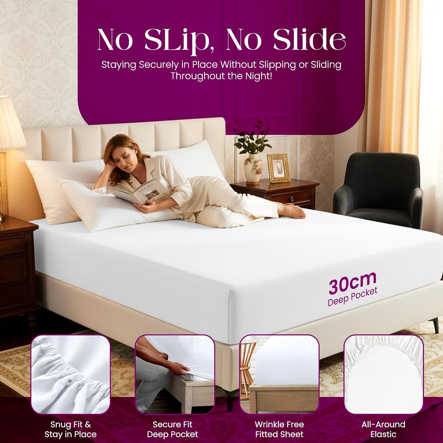 Thumbnail 2 de Linens World Egyptian Cotton Fitted Sheet (King Size) – 30cm Deep Pocket, Anti-wrinkle, Breathable