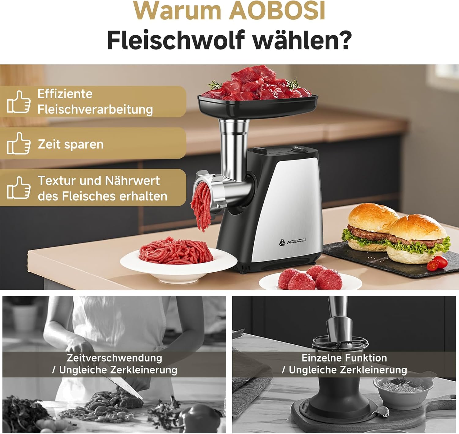 Thumbnail 3 de AAOBOSI Fleischwolf 3-in-1 Elektrischer Fleischwolf – 2800 W max, 2 Klingen, 3 Platten, Wurstfüller und Kubbe-Kit aus Edelstahl