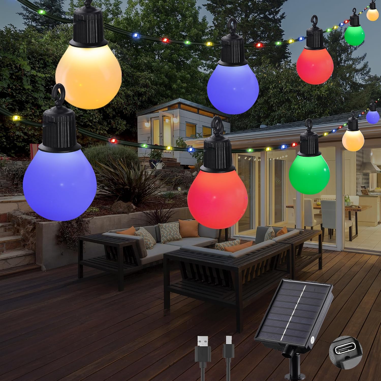 Detalle de Tacobey Solar-Lichterkette Außen bunt mit 20 G40-Lampen – 10 m 100 LED, USB-ladbar, 8 Modi (IP65)