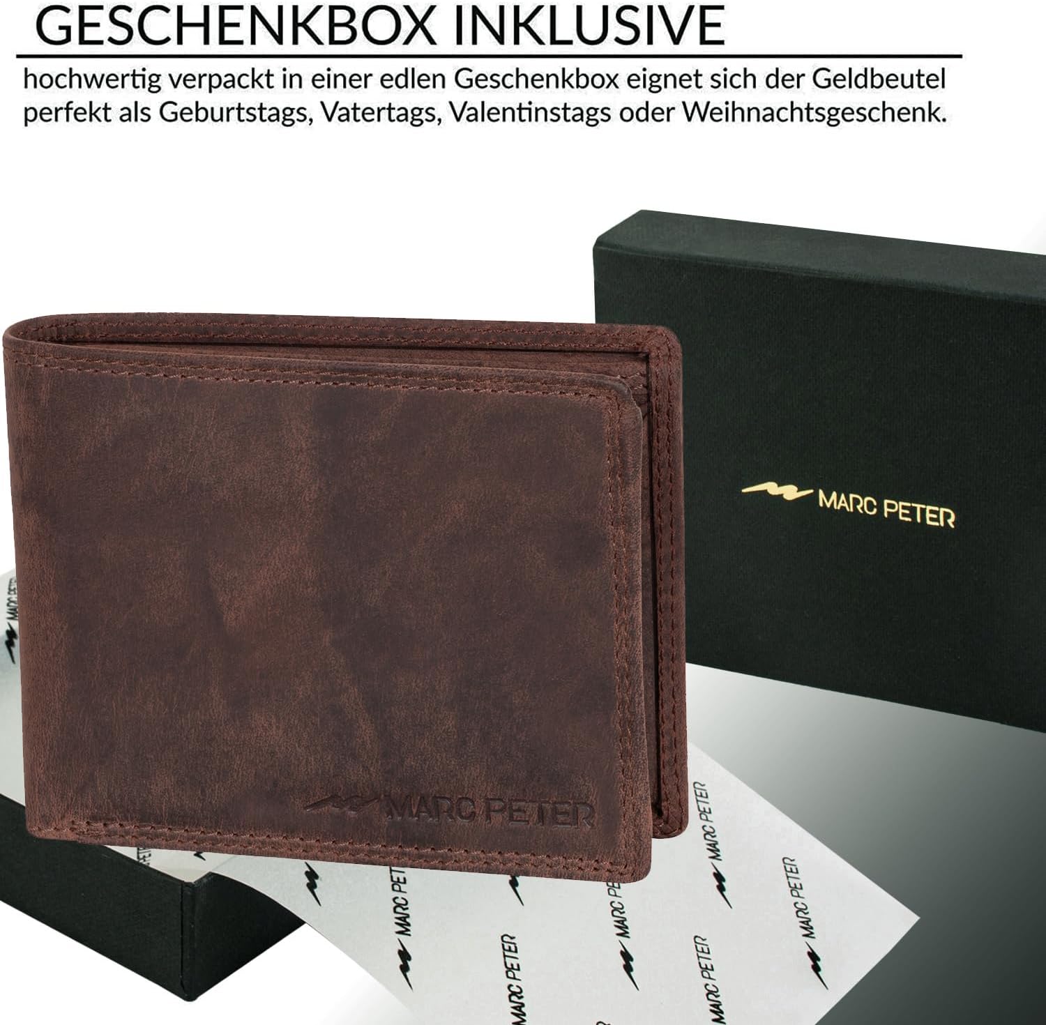 Detalle de Marc Peter® Echt-Leder Geldbörse Hanover – RFID-Schutz, 10 Fächer, Vintage Braun