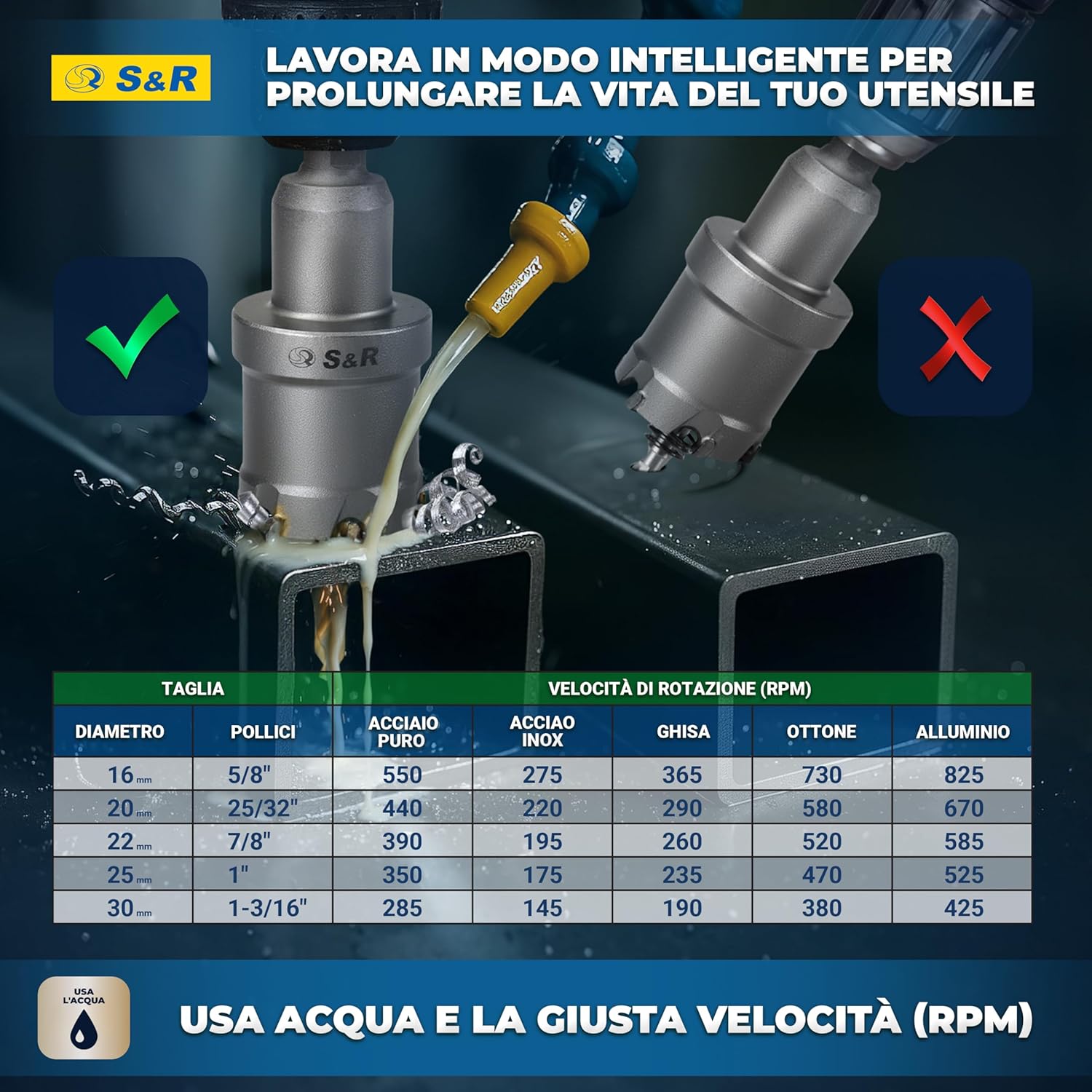 Detalle de S&R Set 5 Seghe a Tazza Metallo (16–30 mm) – Per Metallo, Legno e Plastica con Fresa a Tazza TCT e 7 Punte in Titanio