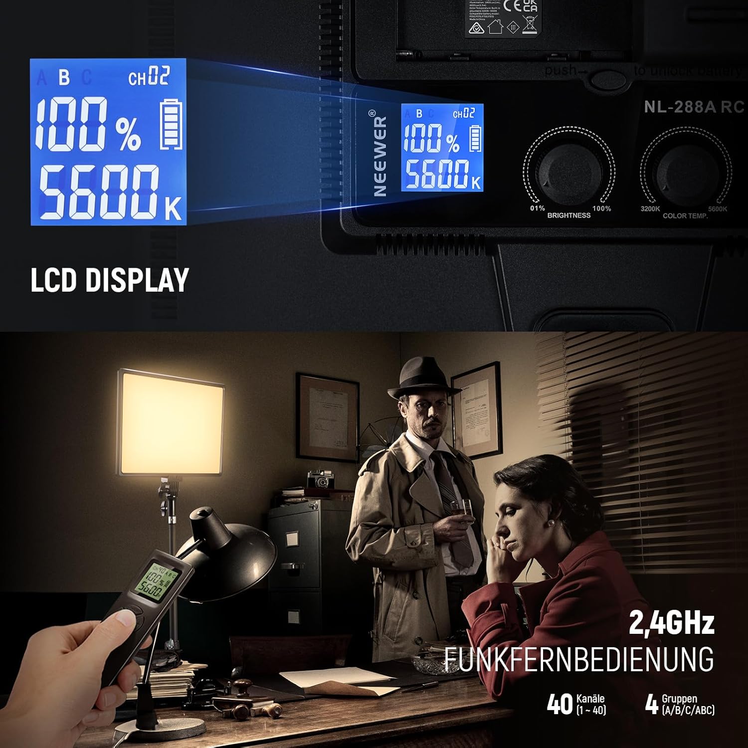 Thumbnail 2 de NEEWER NL288 LED Panel Videolicht – 45W, bi-farbe 3200K–5600K, CRI 97+, Fernbedienung