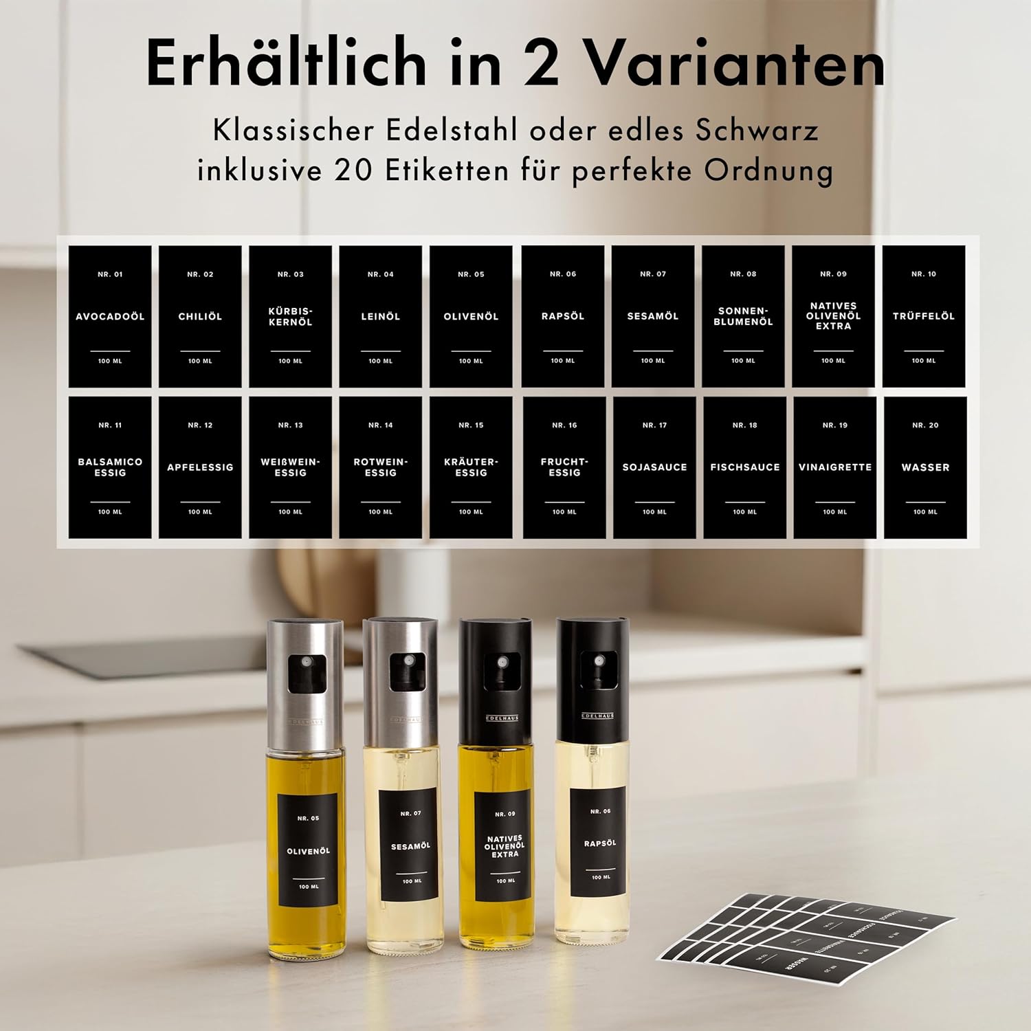 Thumbnail 5 de EDELHAUS Ölsprüher 2er Set aus Edelstahl & Glas – feiner Ölzerstäuber mit Etiketten, Trichter & Silikonpinsel