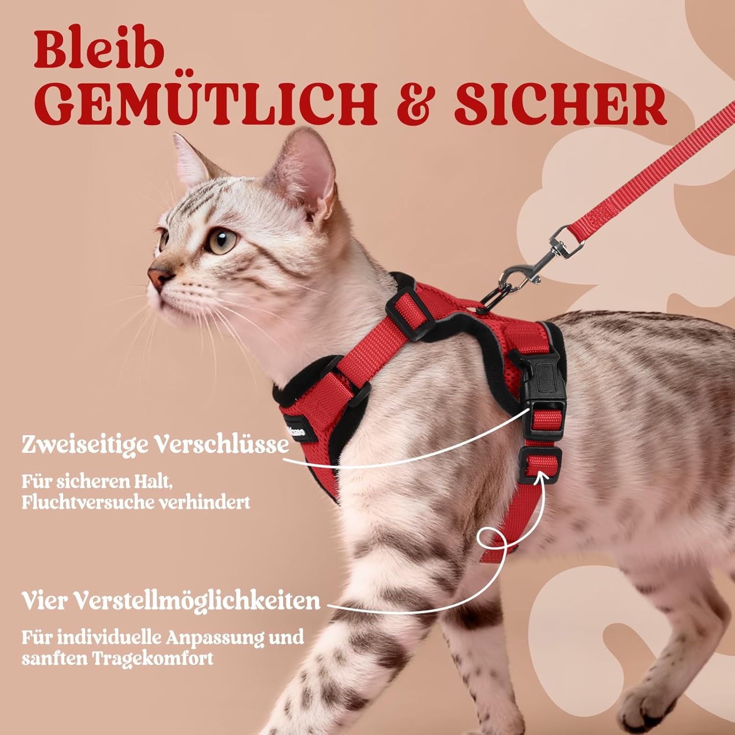 Thumbnail 5 de rabbitgoo Katzengeschirr mit Leine Softgeschirr (Brustgeschirr) – ausbruchssicher, verstellbar, rot, inkl. Leine