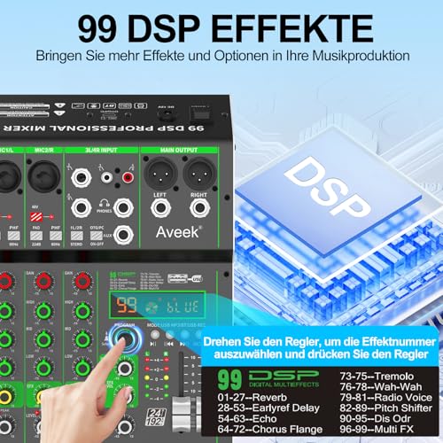 Detalle de Aveek Audio Mixer – Professionelles 4-Kanal Mischpult mit USB/Bluetooth und 48V Phantomspeisung