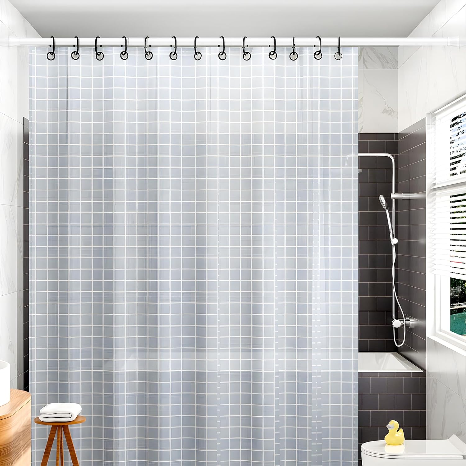 Thumbnail 5 de MEXAU Adjustable Shower Curtain Rod (45–77 inch) — White Tension Rod, No-Drill Fit