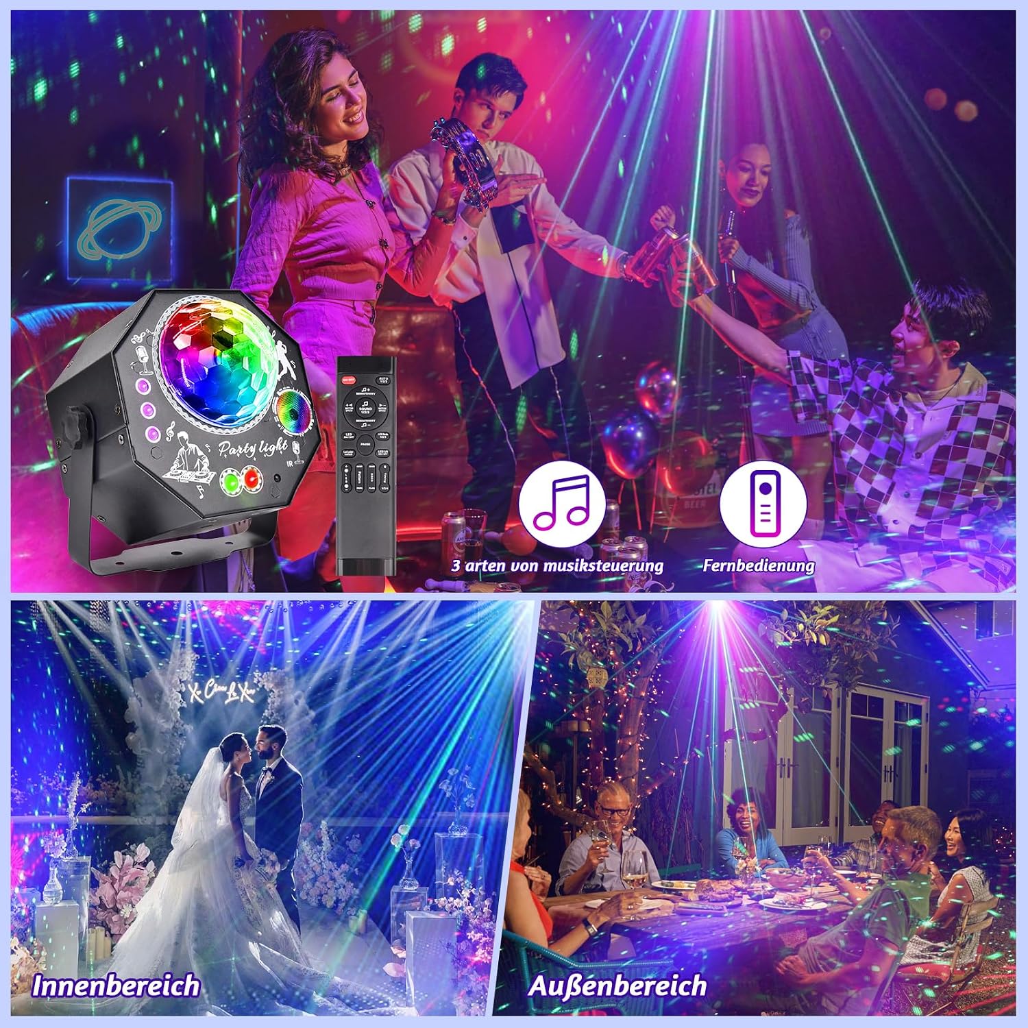 Detalle de 4-in-1 Discolicht Partylicht mit Fernbedienung – 75 Effekte, RGB/UV, Musikgesteuert