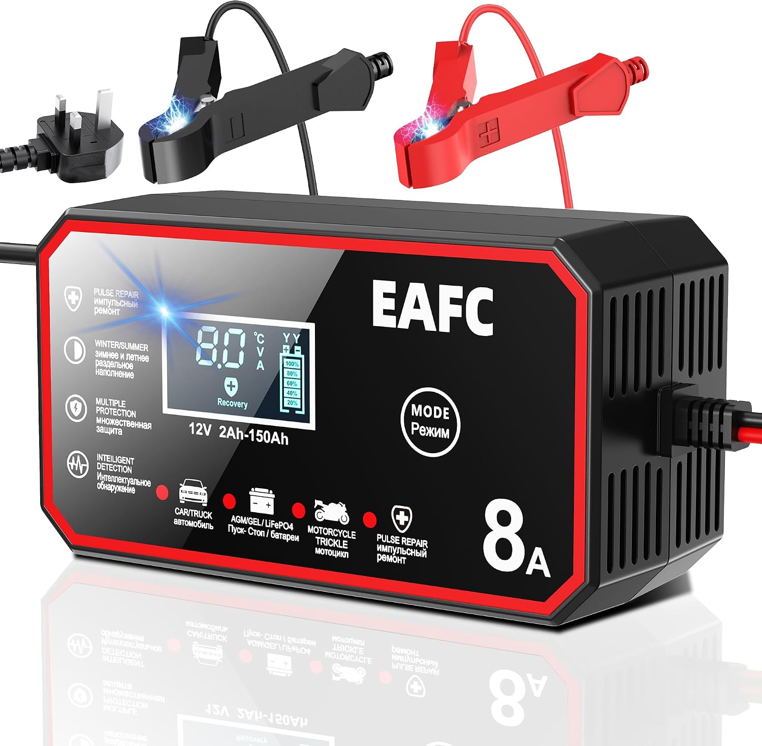 Detalle de EAFC 12V 8A Smart Car Battery Charger with Pulse Repair Mode (LCD) – AGM, GEL, WET & LiFePO4