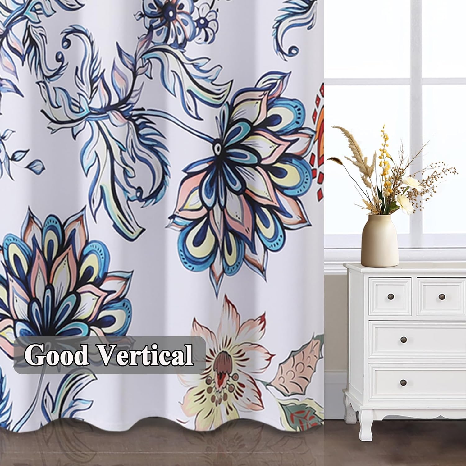 Detalle de VEHEDE Floral Room Darkening Curtains - Boho Blue Flower, 2 Panels, 52 x 84 inches