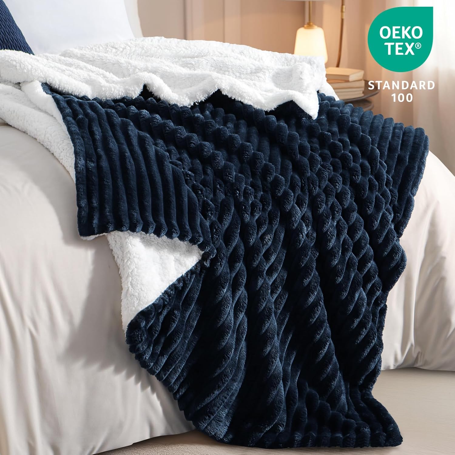 Detalle 2 de RUIKASI Sherpa koc 130 × 150 cm, niebieski, dwustronny i prążkowany