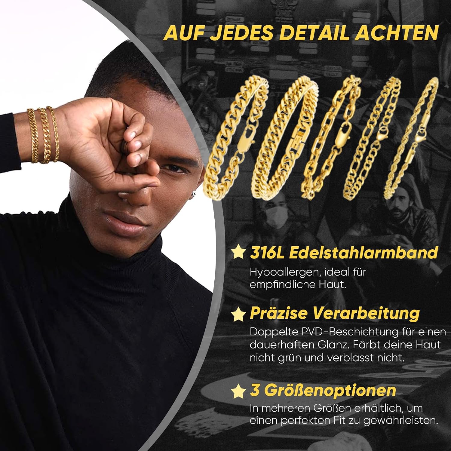 Detalle 2 de Armband Herren Silber Edelstahl 5 Stücke 19 cm