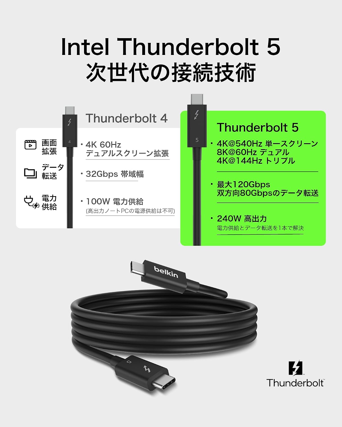 Detalle 2 de Belkin Thunderbolt 5 USB-Cケーブル 1m、最大120Gbps・240W PD・4K/540Hz対応