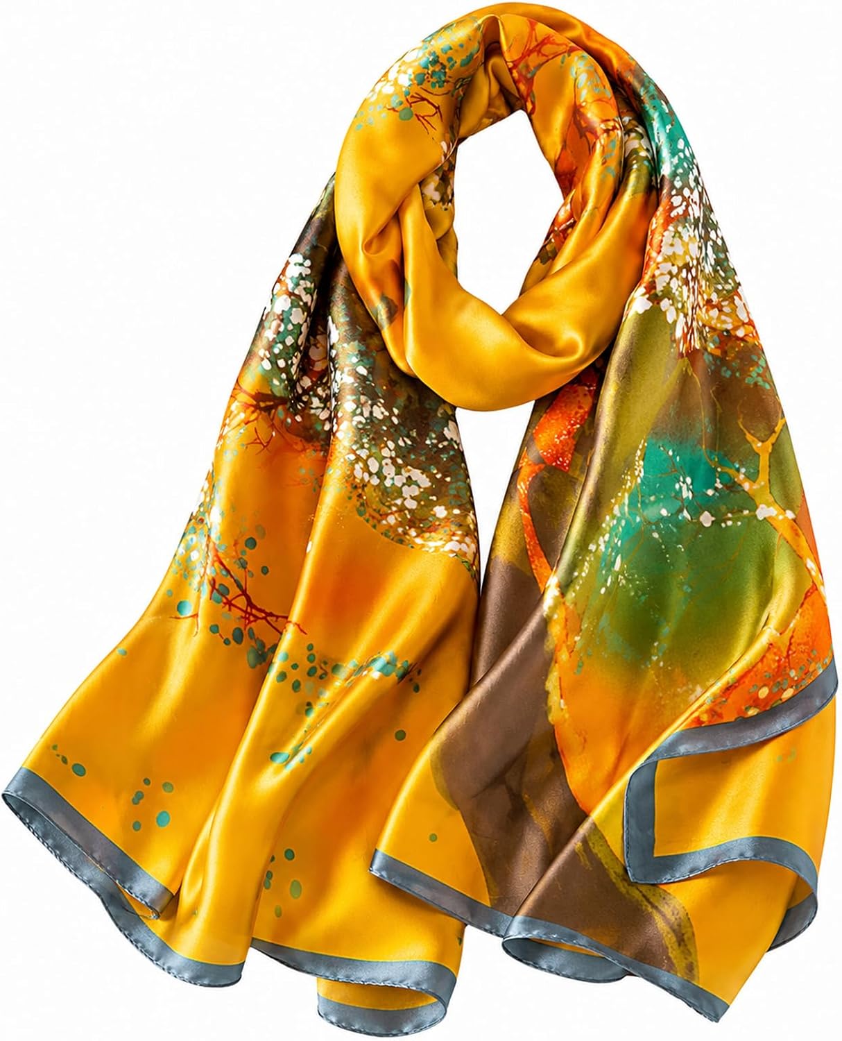MAIRY Women's Silk Scarf: Lightweight Satin Floral Wrap (70.5 x 33 in)