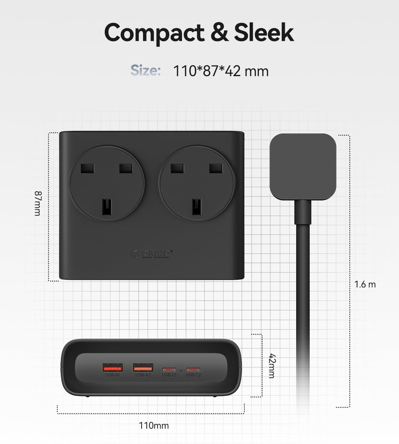 Thumbnail 6 de ORICO PD 20W Extension Lead with USB Slots: 2 USB-C, 2 USB-A, 1.6m Leather Cable