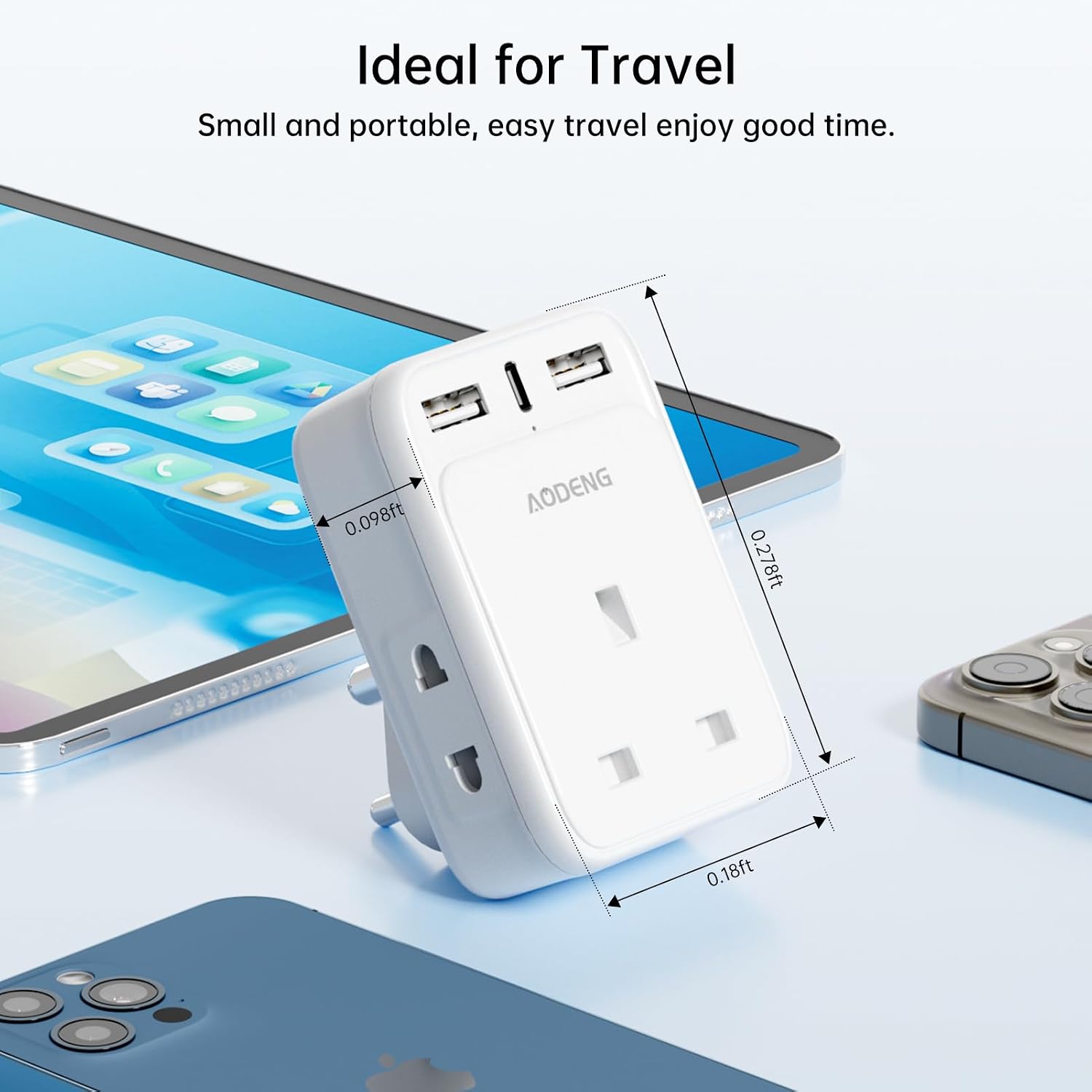 Detalle 2 de AODENG UK to India Plug Adapter with 3 USB Ports (Type D) and Grounded Design