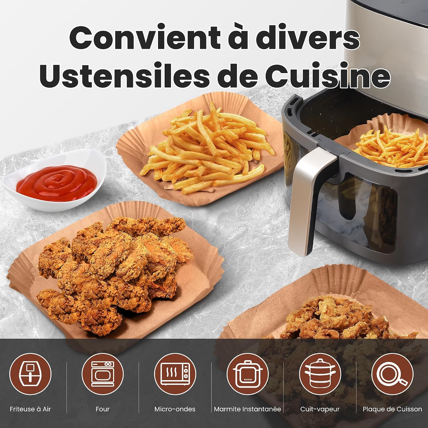 Detalle de KitchenBoss Papier Cuisson Air Fryer - 120 feuilles carrées 20-24 cm, Bord antiadhésif et sans danger alimentaire