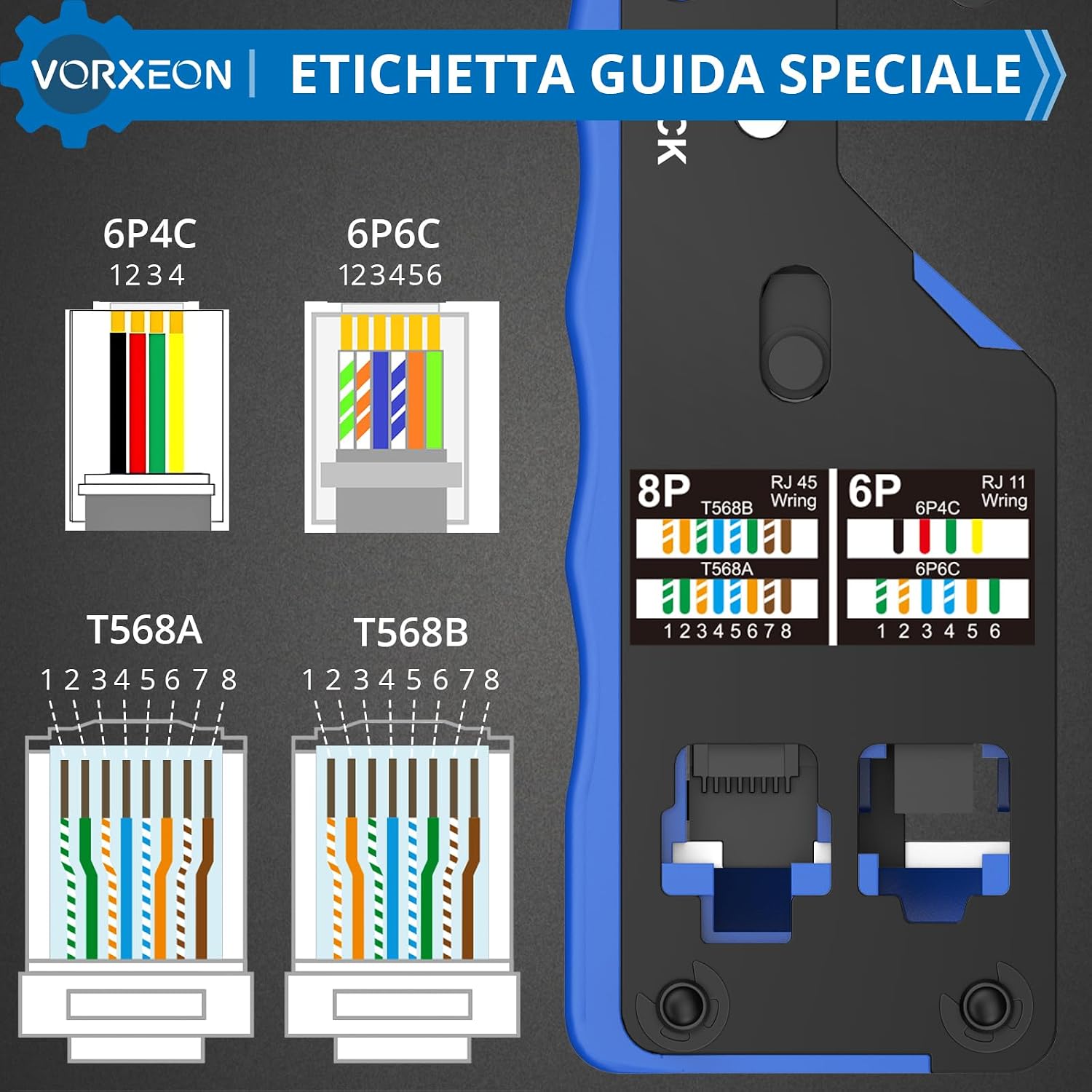 Thumbnail 3 de Pinza Crimpatrice RJ45 VORXEON per Cavi Ethernet Cat6 Cat5e: Kit completo 8P+6P, 50 Connettori RJ45 Cat6 e Accessori