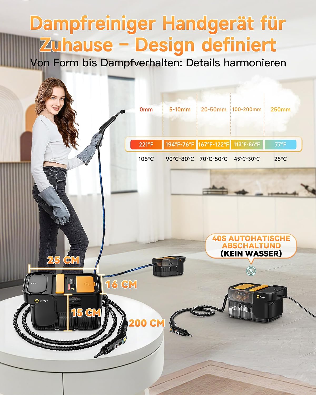 Detalle 2 de Gautye Dampfreiniger 3-stufig verstellbarer Griff – 2 L Wassertank, 18 Zubehörteile, 1600 W