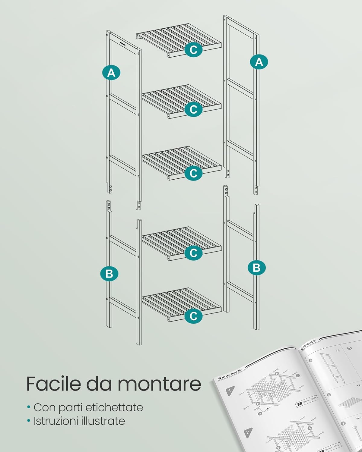 Thumbnail 6 de SONGMICS Scaffale da bagno in bambù bianco nuvola BCB055W01, stretto ad angolo con 5 ripiani