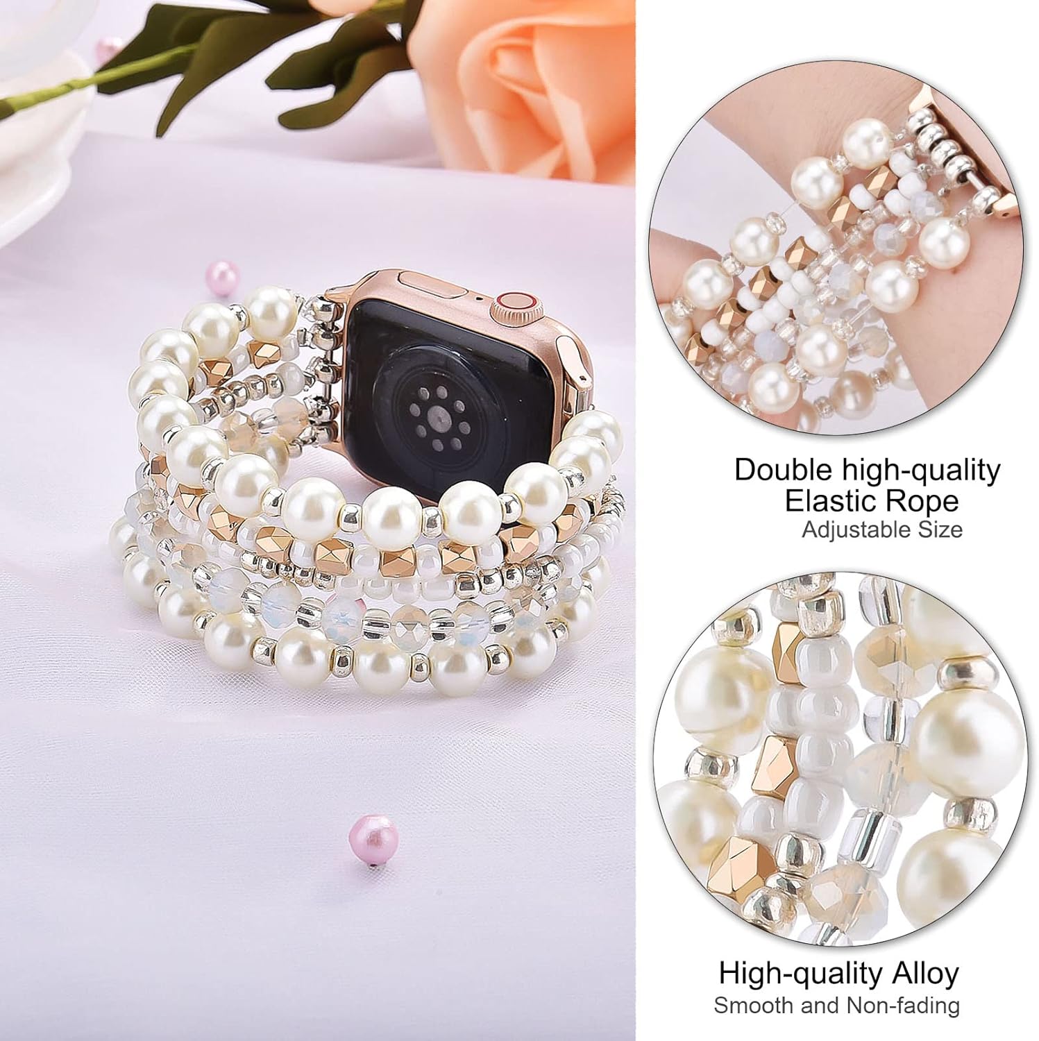 Thumbnail 1 de VISOOM Beaded Bracelet for Apple Watch 38mm/40mm/41mm/42mm (Pearl & Crystal Stretch Band)