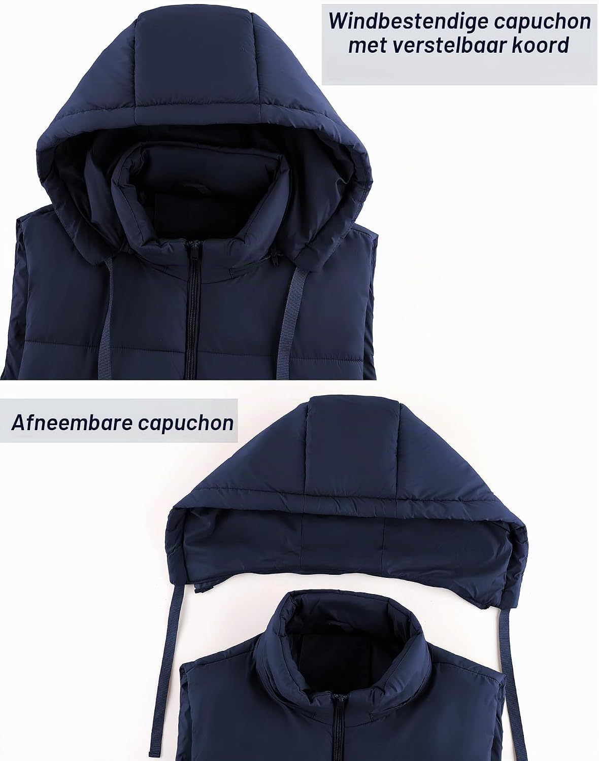 Detalle de ZITY gewatteerde bodywarmer voor heren met capuchon en zakken