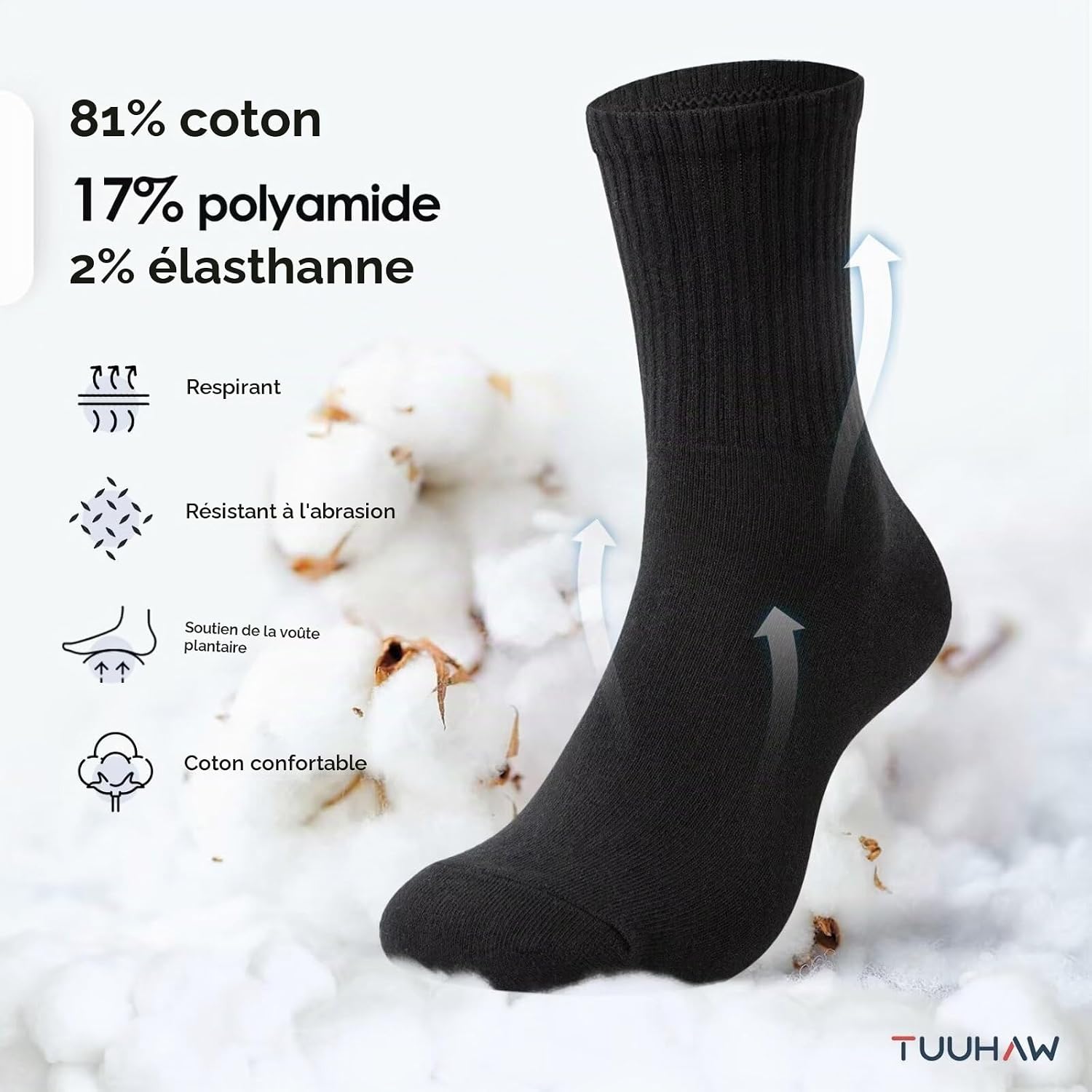 Thumbnail 1 de TUUHAW Chaussettes Homme 39-42 Noir — Confort coton et respiration pour le sport