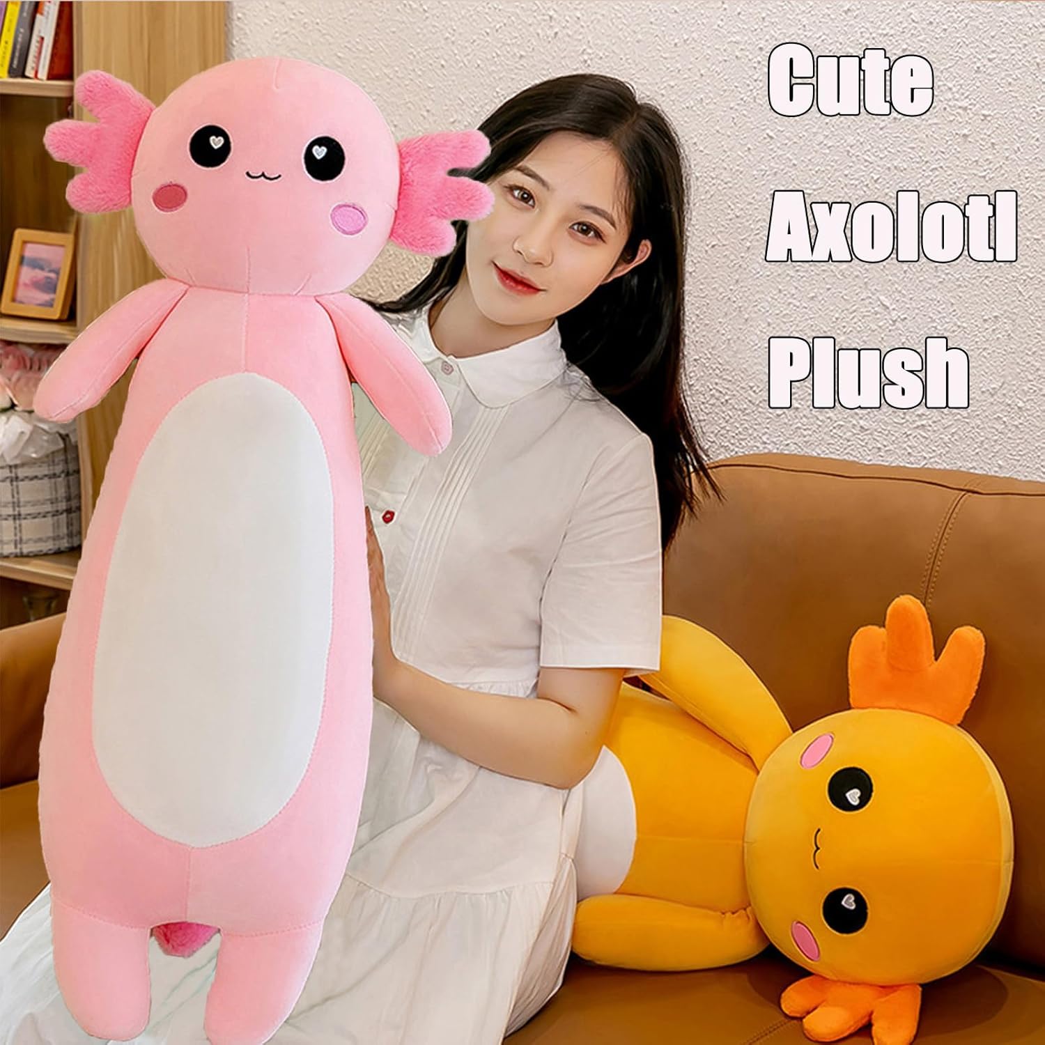Detalle 2 de Aiuidun Long Axolotl Plush Pillow (100cm) – Soft Pink Axolotl Body Pillow