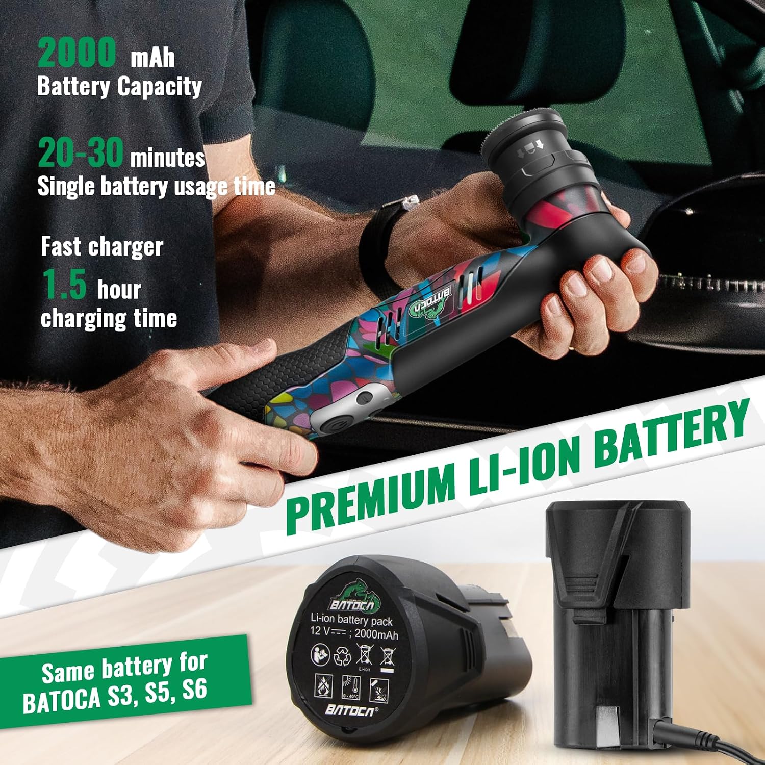 Thumbnail 4 de BATOCA S5 Cordless Mini Car Polisher Buffer Sander (Rotary & Dual Action) with 2x 12V Batteries and 1/2/3-inch Pad Kit