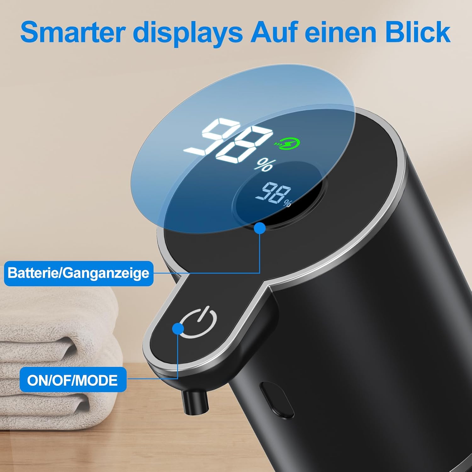 Detalle 2 de Fantictas Seifenspender Automatisch – USB aufladbar, 6-stufige Schaumeinstellung, Display, 380 ml, IPX5, Schwarz