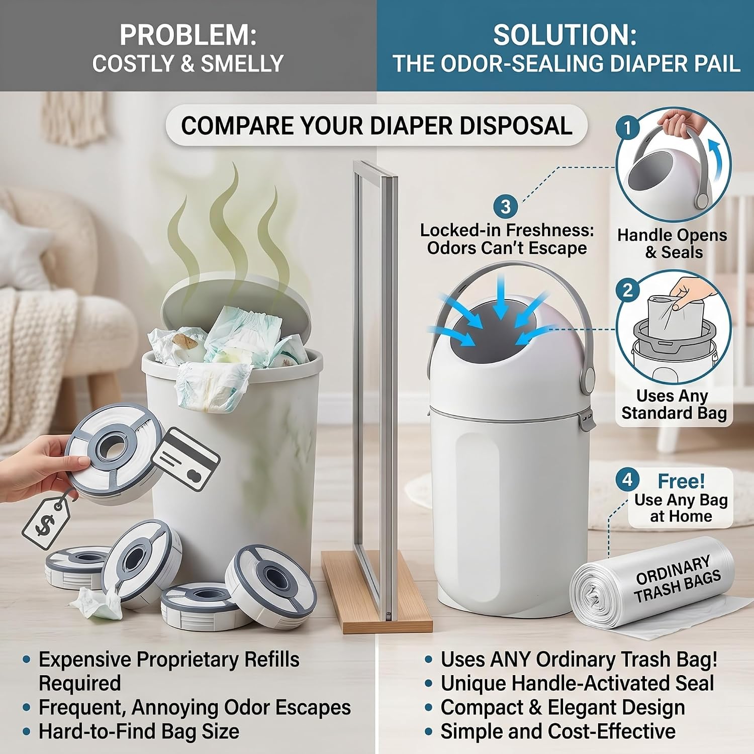Thumbnail 4 de P@B PBell Diaper Pail, New Grey, 15 L with Odour-Control Lid
