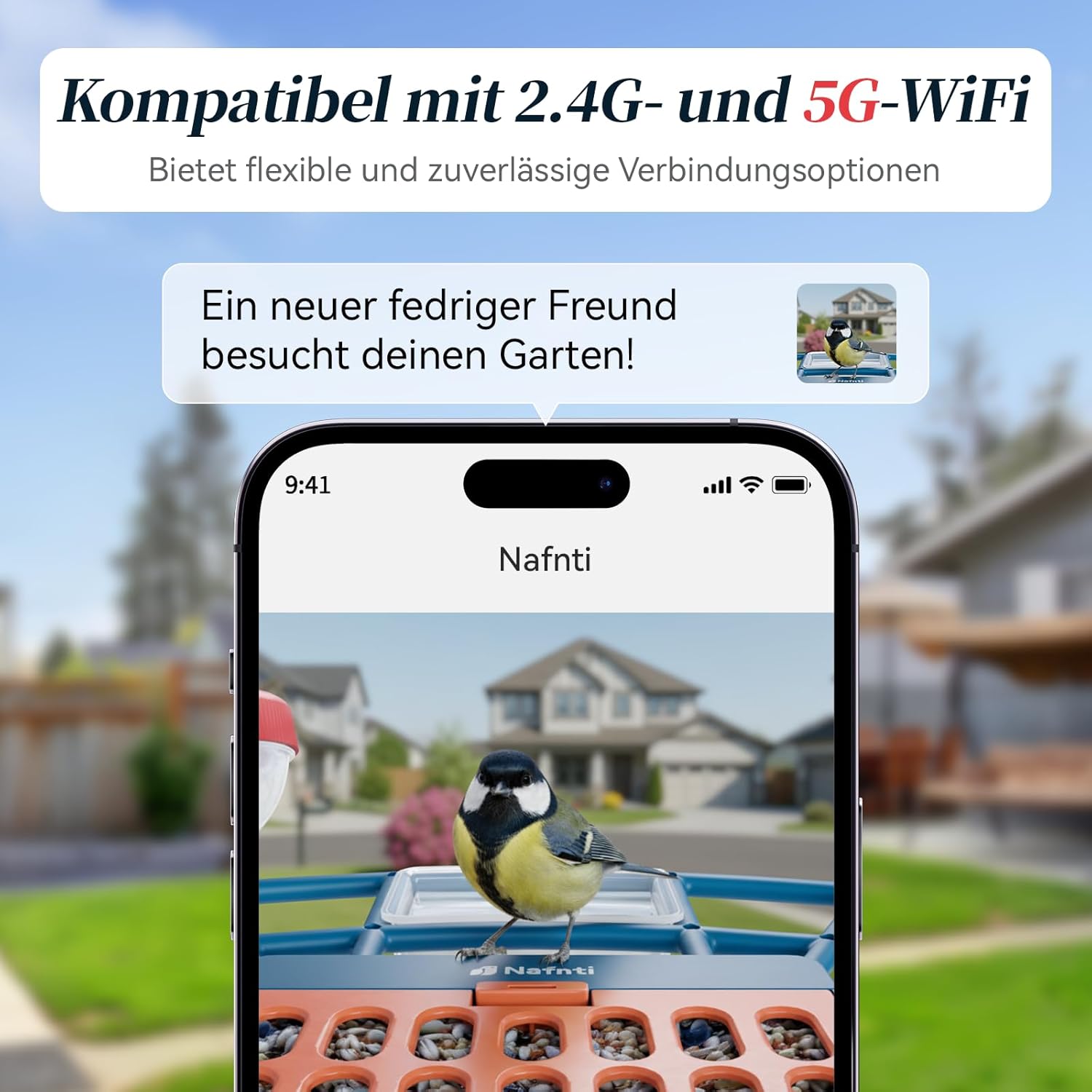 Detalle 2 de Vogelhaus mit Kamera zur KI-Vogelerkennung (AI Identifizieren von Vögeln) – 2K Live View, WLAN 2,4/5 GHz, solarbetrieben