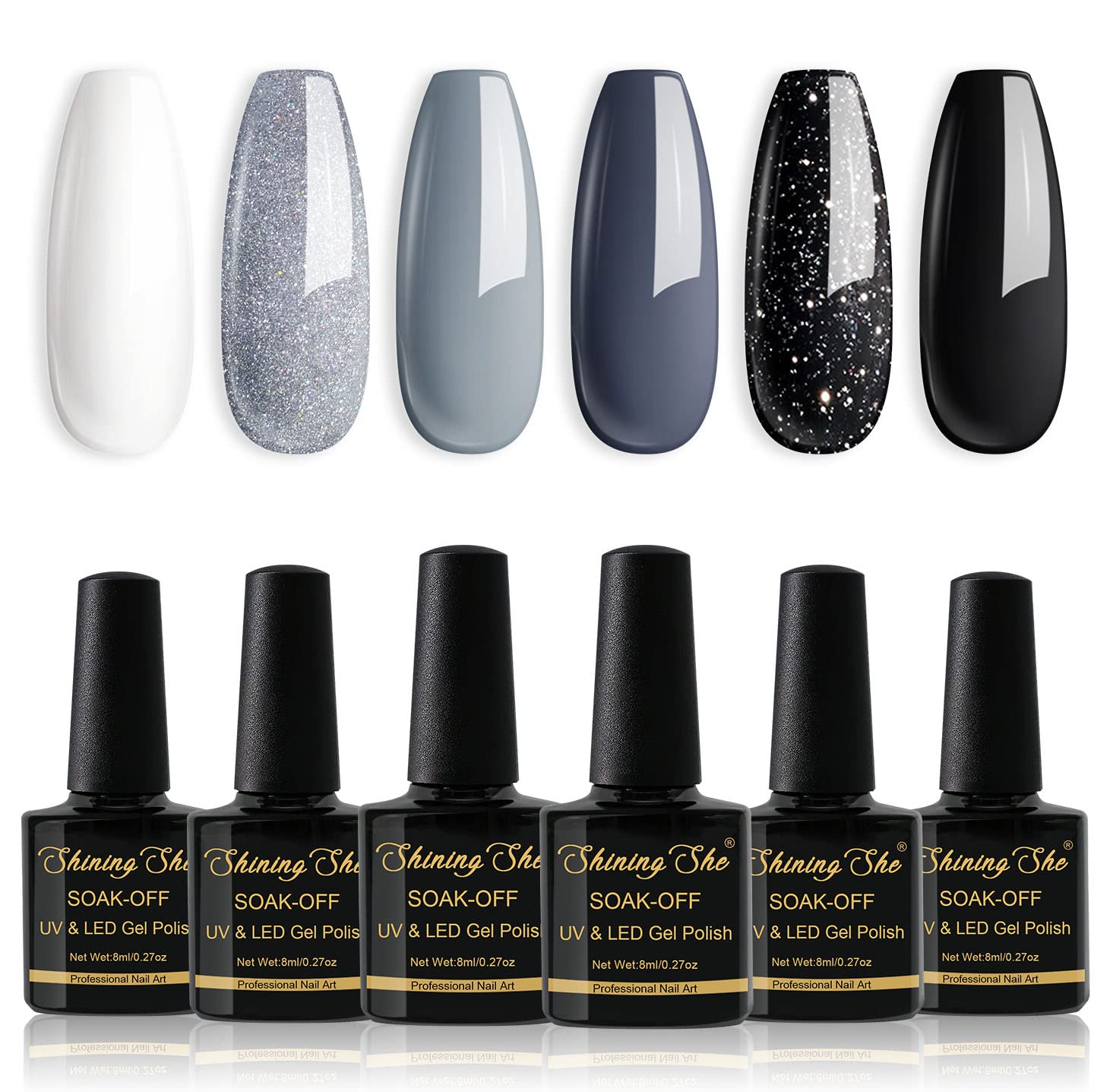 Thumbnail 6 de Shining She UV-Nagellack Schwarz Set mit 6 Farben (Glitzer, Grau/Weiß/Schwarz), 8 ml pro Flasche