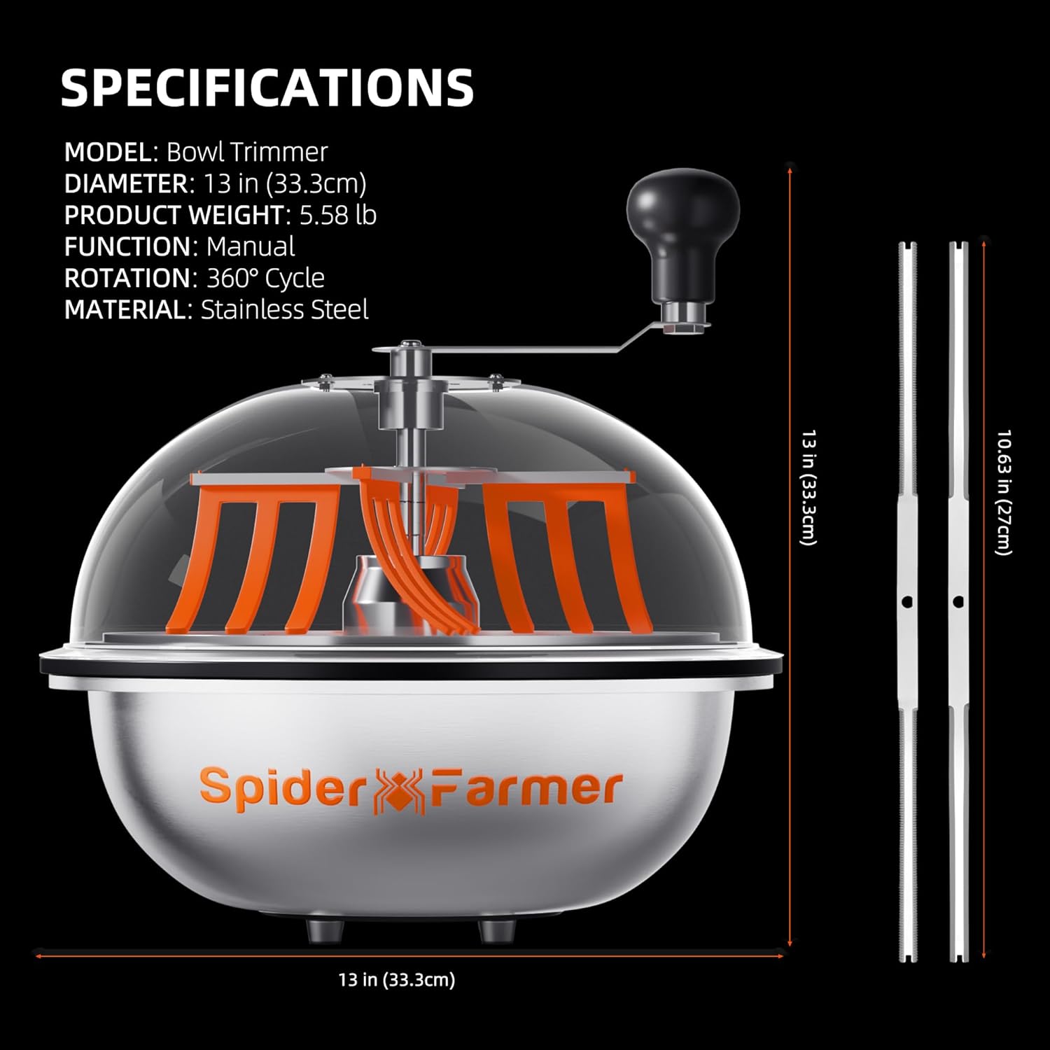 Detalle de Spider Farmer Tagliabordi per bowl da 13 pollici: lame in acciaio inox e rotazione controllata
