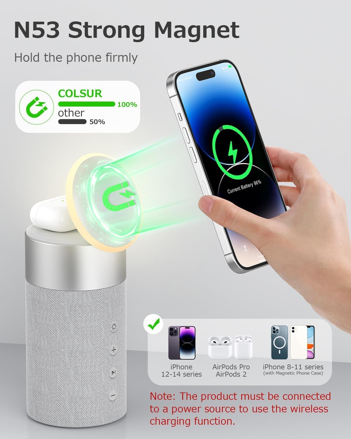 Detalle de COLSUR 2-in-1 Bluetooth Speaker with Wireless Charger & Night Light