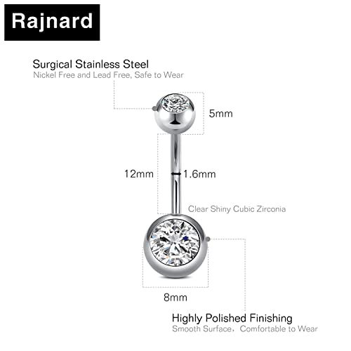 Detalle 2 de Rajnard Bauchnabelpiercing 14G 12mm – 4er Set aus Chirurgenstahl mit CZ-Perle und Kristallkugel