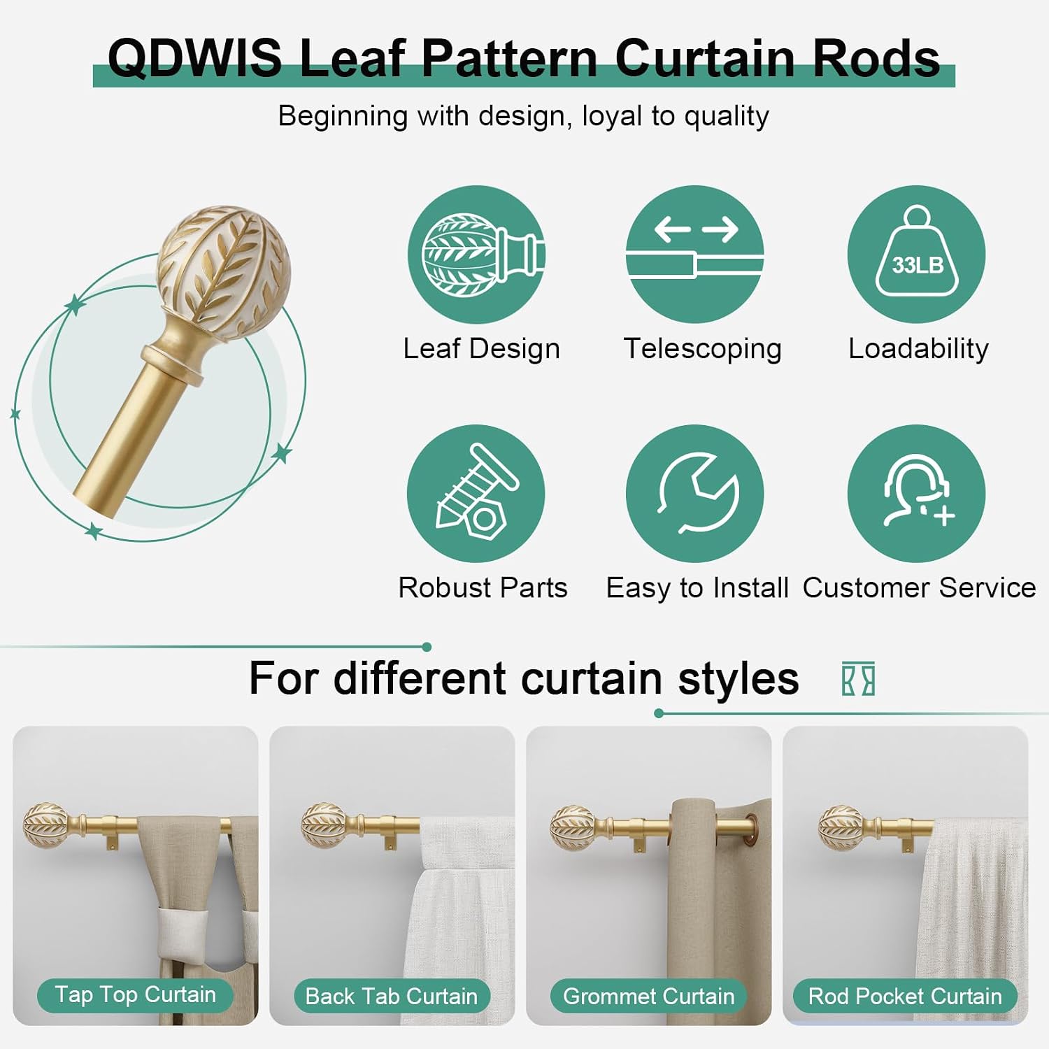 Detalle 2 de QDWIS CA-QD-01-GD-36-120 Boho Gold Curtain Rod, 66–120 in, Leaf Finials