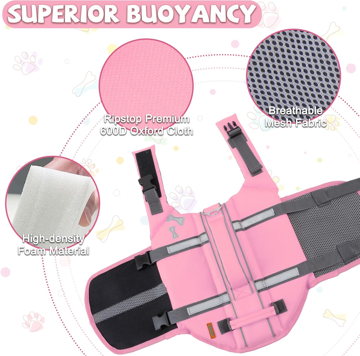 Thumbnail 2 de EMUST Dog Life Preserver in SakuraPink (Medium, M) – good visibility dog flotation vest