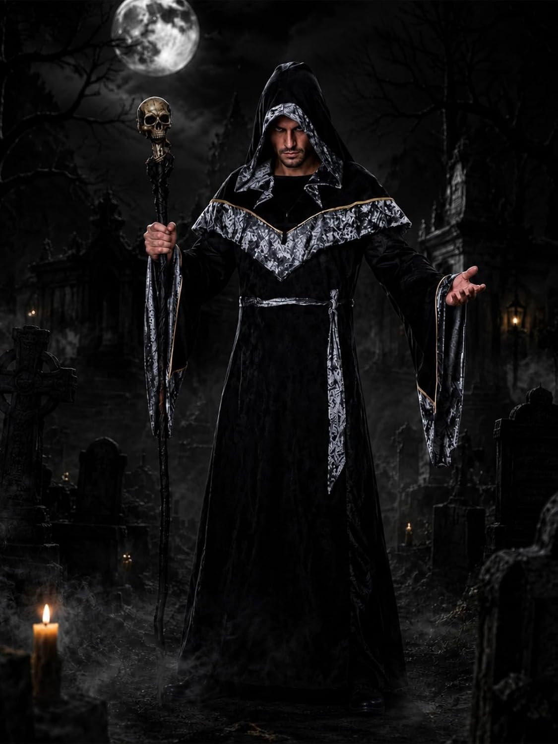 Detalle de WISHU Sorcerer Robe Costume with Hood, Silver Trim and Wide Sleeves