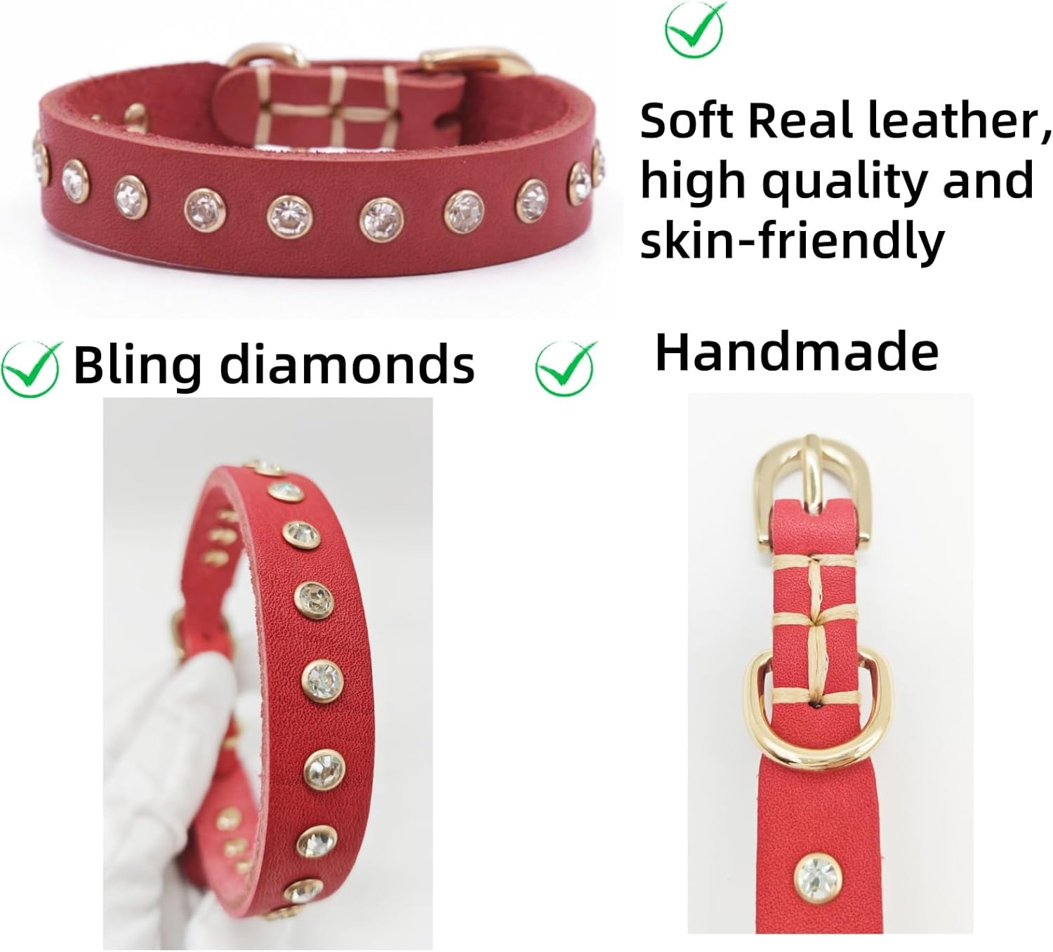 Detalle de YUDOTE Genuine Red Leather Dog Collar with Rhinestones – Adjustable Bling Collar for Small Dogs
