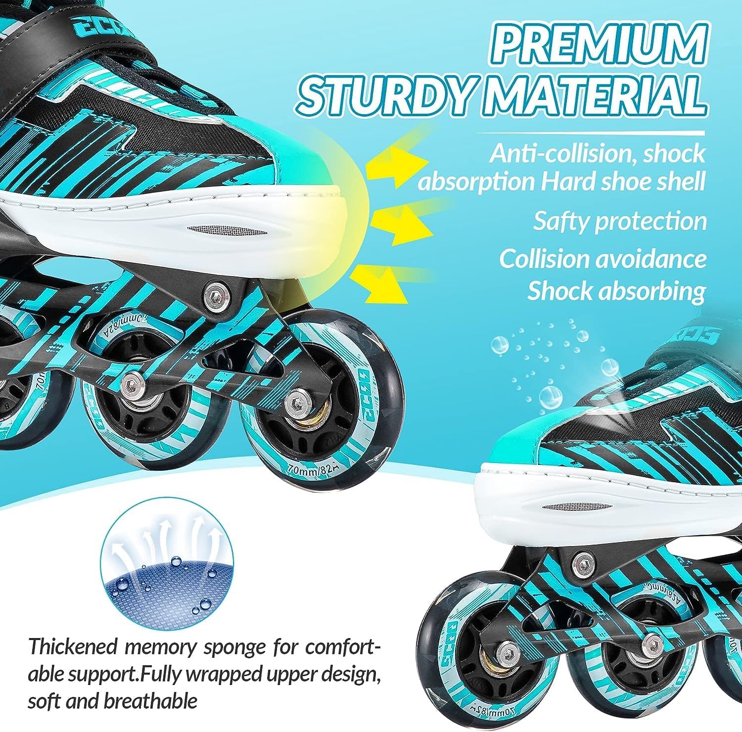 Detalle 1 de ECOO Adjustable Inline Skates for Kids, Cyan, with 8 Light-Up Wheels
