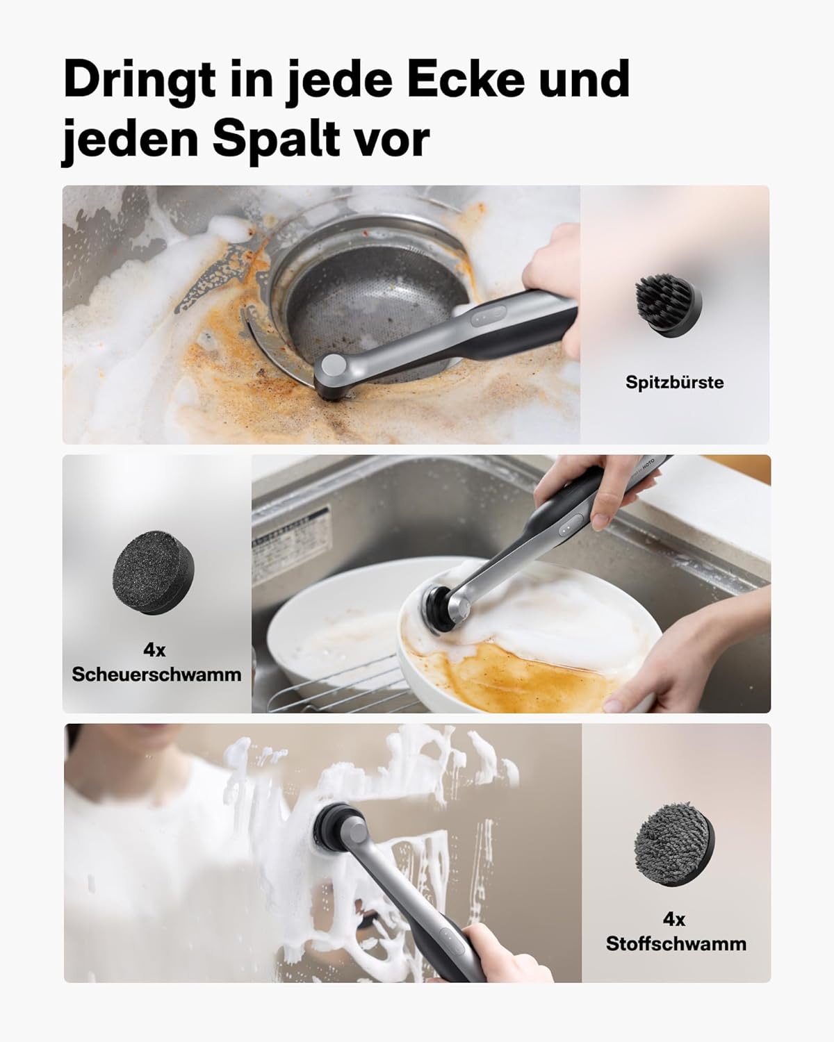 Thumbnail 3 de HOTO Wand™ Elektrische Reinigungsbürste: 12 Köpfe, IPX7, USB-C – kraftvolle Reinigung für Fugen, Ecken und mehr