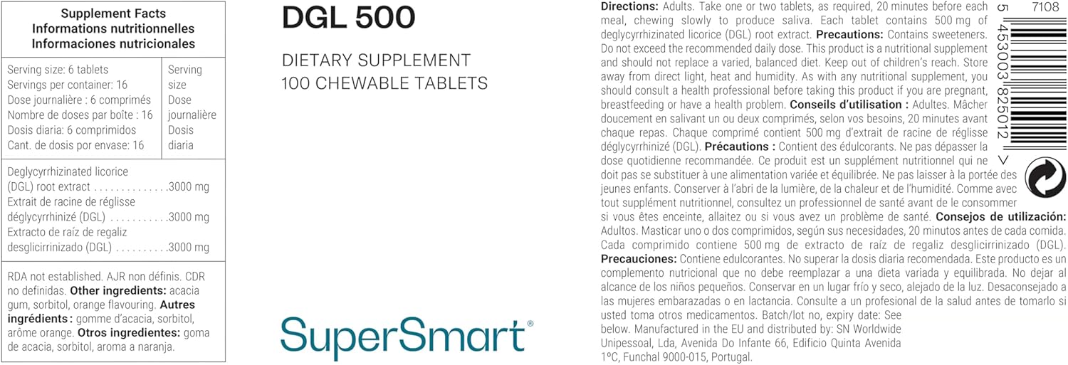 Thumbnail 1 de DGL 500 – Extrait de Racine de Réglisse déglycyrrhizinée, soulagement des reflux gastriques (comprimés à mâcher) – Supersmart